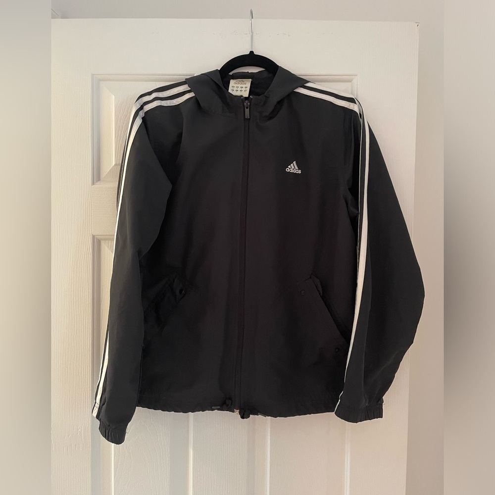 Vintage Adidas black nylon windbreaker with hood - medium